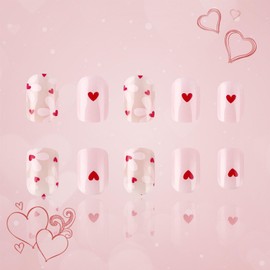 Spring Press on Nails Short Square Fake Nails with Heart Flower Designs Pink Nails Press ons Glossy Glue on Nails Cute False Nails Acrylic Stick on Nails for Women 24Pcs