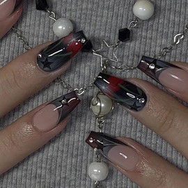 BABALAL French Tip Press on Nails Long Coffin Fake Nails Black Glue on Nails Cherry Star Rhinestone Acrylic Nails 24Pcs Ballerina Y2k Goth Manicure Artificial False Nails for Women and Girls