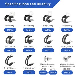 232 PCS Cable Clamps Assortment Kit with Stainless Steel Screws,304 Stainless Steel Rubber Cushioned Insulated P Clamps Assortment 10 Sizes:1/4" 5/16" 3/8" 1/2" 5/8" 3/4" 1" 1-1/4" 1-1/2" 1-3/4"