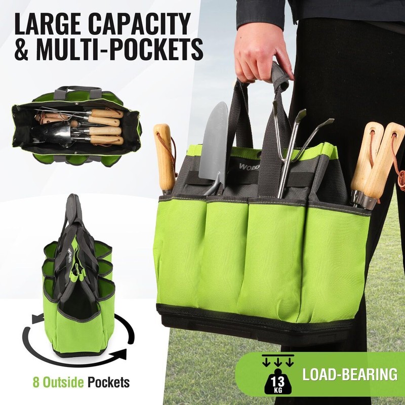 WORKPRO Garden Tool Bag Waterproof Base 8 Pockets Heavy Duty
