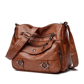 Vllcsla Medium Shoulder Bag with One Opening Large Capacity, 22 x 10 x 17 cm, Women's Waterproof Heart, PU Leather, Zip, brown