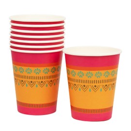 Talking Tables Diwali Paper Cups | Table Party Decorations | Recyclable Drinkware for Bollywood Theme | Eid Celebration Disposable Tableware Mandala/Henna/Rangoli Design Orange & Pink | Pack of 8