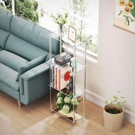 Bkemiy Clear Acrylic Narrow Side Table for Small Spaces, 15.75" L x 7.87" W x 38.7" H, 4 Tier Rectangle Slim End Table Nightstand, Small Mini Skinny Bedside Table for Bedroom, Bathroom, Living Room