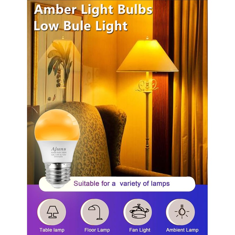 Amber Sleep Light Bulb Dimmable, Blue Light Blocking, A15 E26