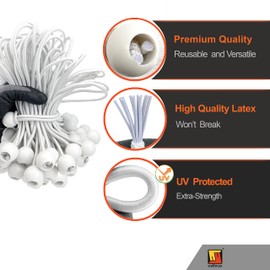9 inch 50 Piece Heavy Duty 5mm Ball Bungee Canopy Cord by Wellmax, White Color