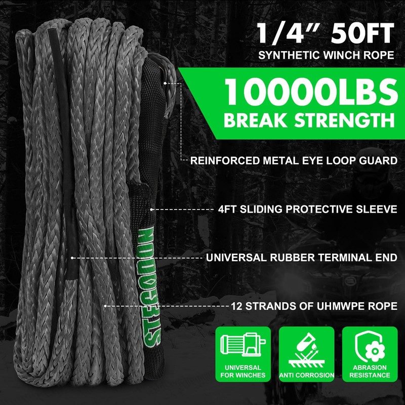 STEGODON Synthetic Winch Rope, 1/4'' x 50ft 10,000LBS Synthetic Winch