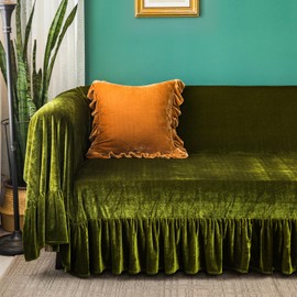 Velvet Sofa Cover Soft Decorative Luxurious Solid Exquisite Ruffle Trim,Retro Farmhouse Vintage Sofa Slipcover Couch Furniture Protector for 2-3 Cushion Sofa for Living Room 1PC 71x118 IN Olive Green