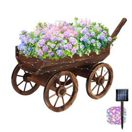 Notume Garden Wooden Decor Rustic Flower Pot,Planters Wagon Indoor Outdoor Backyard Balcony Decor,for Outside Garden Decor Wheelbarrow Planter for Patio (Wooden Wagon with Light)
