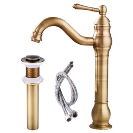 Vessel Sink Faucet Antique Brass Bathroom Single Handle Lavatory Vanity Mixer Bar Tap with Pop Up Drain Tall Spout Single Hole Deck Mount