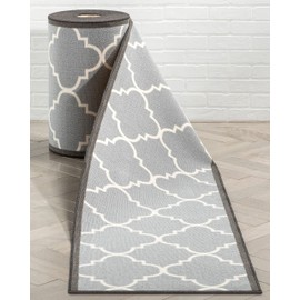 Well Woven Custom Size 31" Wide Runner Non-Slip Rubber Backed Machine Washable Hall Rug 31 Inches Wide x 16 Feet Long Runner (31" x 16' Runner) Trellis Grey Geometric Indoor Outdoor Low Pile