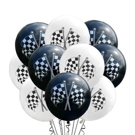 Racing Flag Latex Balloons 12 Count, Racecar Balloons for Birthday Party, Classroom Decoration, Race Day Theme, Checkered Flag Car Decorations, 12 Inch Standard Size (Black & White)