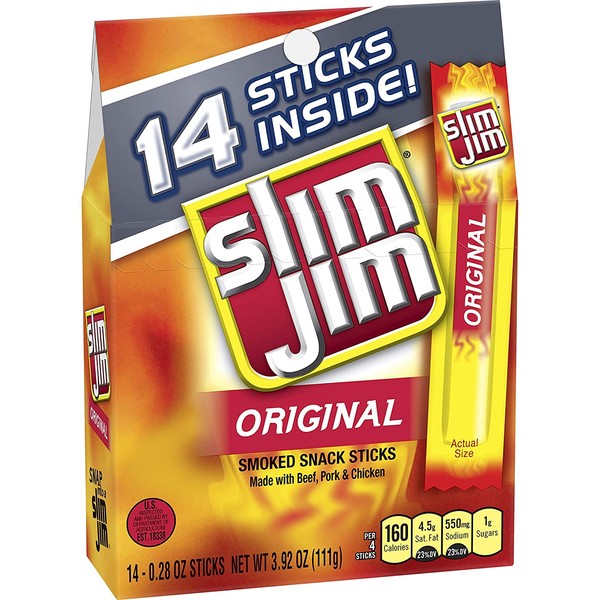 Slim Jim Snack-Sized Smoked Meat Stick, Original Flavor, Multi-pack, .28 Oz stick 14-Count, 3.92oz