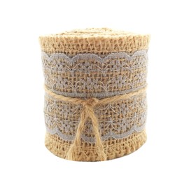LWR CRAFTS Natural Burlap Ribbon with Lace (Grey)