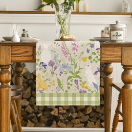 Artoid Mode Rabbits Ducks Floral Leaves Easter Table Runner, Seasonal Spring Kitchen Dining Table Decoration for Home Party Decor 13x48 Inch