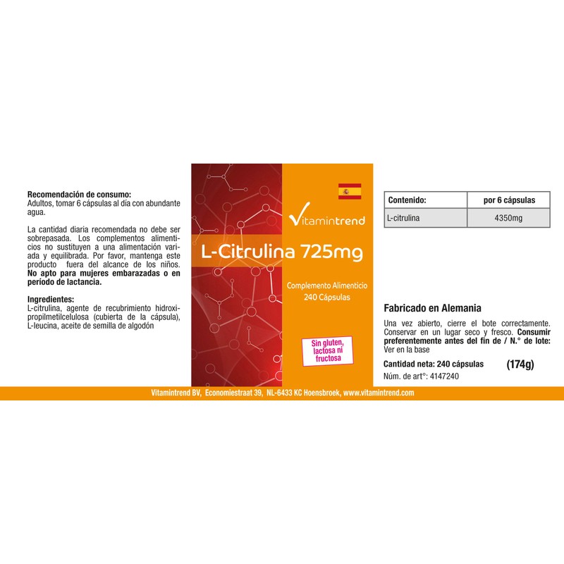 L-Citrulline 725 mg – 240 Capsules – Vegan – High