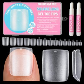 Wider Long Square Toe Nail Tips Full Cover with Glue, SINOKAME No File Matte Thick Toe Nail Press Ons Clear, Soak Off Fake Toenails Extensions DIY Home Manicure Kit for Women &Men,300 Pcs 15 Sizes