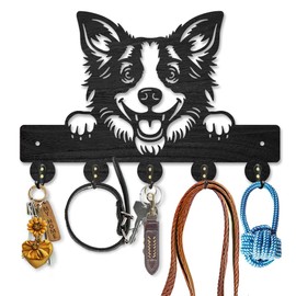 MAYJOYDIY Border Collie Wood Key Holder for Wall Peeking Dog Wall Mounted Key Hooks 30×20cm Coat Hanger Rack with 5 Alloy Hooks for Entryway Front Door Kitchen Office Decoration
