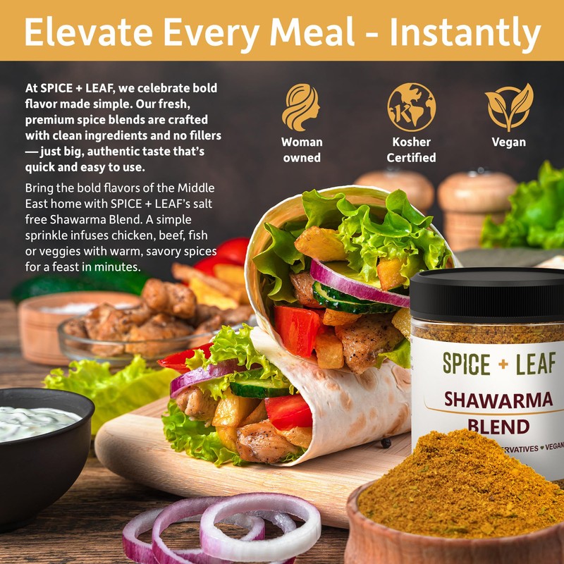 Premium Shawarma Spice Seasoning by Spice + Leaf, 3.5 Oz