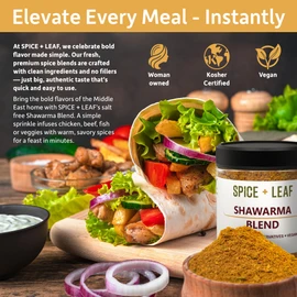 Premium Shawarma Spice Seasoning by Spice + Leaf, 3.5 Oz - Kosher, Vegan Preservative Free Spice Blend for Middle Eastern Flavor. Vegetarian, Dairy Free and Salt Free