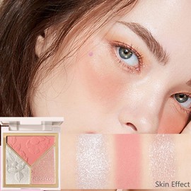 Highlighter Blush Palette Highlighter & Contour & Blush 3 en 1 Paleta de Maquillaje con Brocha, Hidratante Rostro Luminizador Bronceador para Mujer, Trio Sombra de Ojos Maquillaje en Polvo, Oscuro (3#)