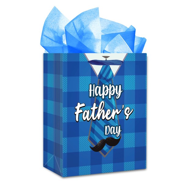 WaaHome Happy Fathers Day Gift Bags with Tissue Paper and Handle, 11.5''x9''x5'' Medium Fathers Day Gift Bag for Dad Daddy from Daughter Son Kids, Father Day Wrapping Paper Gift Bag