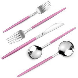 VANVRO Mirror Silver Rosy Silverware Set, 20-Piece Stainless Steel Flatware Set, Satin Finish tableware Cutlery Set, Service for 4, Home and Restaurant, Dishwasher Safe
