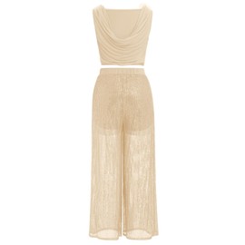 AFAVOM Sequin Lyrical Dance Costume for Women Lyrical Dance Dress Sleeveless Ruffle Crop Top with Wide Leg Pants Ballet Leotard Shorts 2PCS Lyrical Outfit Adult Contemporary Dance Costume Champagne M