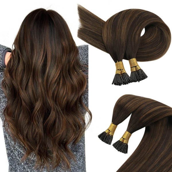 Sunny I Tip Hair Extensions Balayage I Tip Human Hair Extensions Darkest Brown Balayage Medium Brown Real Color as You Can See I Tips Real Hair Extensions Human Hair Brown Balayage 50G 100s 14Inch