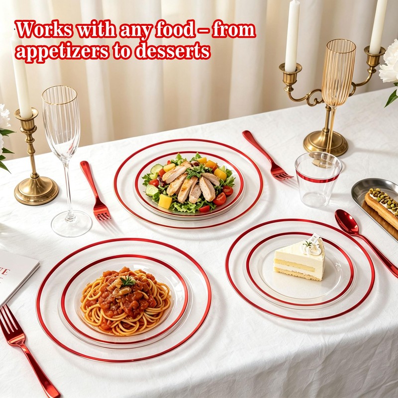 175PCS Clear and Red Disposable Silverware Sets for 25 Guests