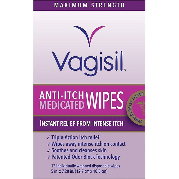Vagisil Anti-Itch Medicated Wipes, Maximum Strength 12 ea (Pack of 4)