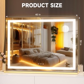 Hasipu Vanity Mirror with Lights, 40" x 30" LED Makeup Mirror, Lighted Makeup Mirror with Dimmable 3 Modes, Touch Screen Control Vanity Mirror Square Gold