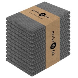 Native Fab Cotton Kitchen Towel with Hanging Loop 16x26 inches, 12-Pack, Waffle Weave Kitchen Towels for Cleaning Drying, Washcloths Soft & Absorbent Cloth Rags, Bar Towel, Dish Cloth, Grey