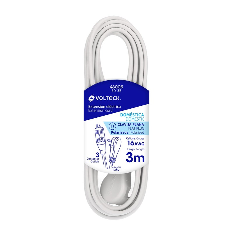 Volteck ED-3B, Extensión eléctrica doméstica, 3 m, blanca