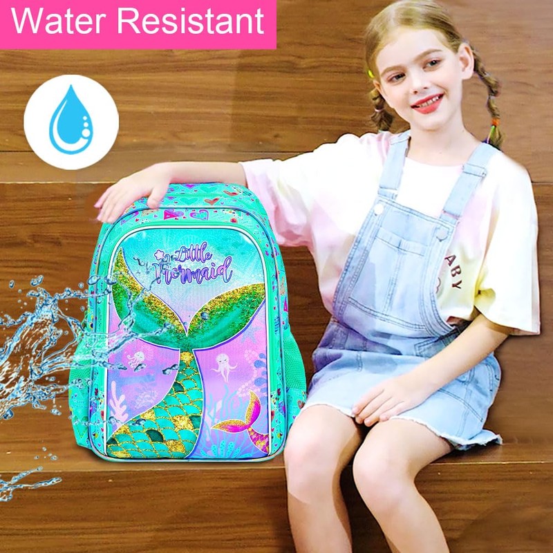 KLFVB 3PCS Girls Mermaid Backpack, Water Resistant Kids Unicorn Bookbag