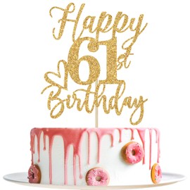 Decoración para tartas de feliz cumpleaños 61, decoraciones de cumpleaños 61 para hombres/mujeres, saludos a 61 años, Hello 61, suministros para fiesta de cumpleaños 61, purpurina dorada