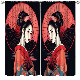Yoakiet Japanese Geisha Curtains for Home Decor, Asian Japanese Traditional Beautiful Woman Rustic Style Print Blackout Rod Pocket Window Treatments Drapes for Bedroom Kitchen Bathroom42x45in