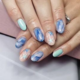 Summer Press On Nails Short Almond Fake Nails Blue False Nails With Ocean Star Designs Acrylic Nails Press Ons Full Cover Glue On Nails Short Glossy Stick On Nails For Women Girls