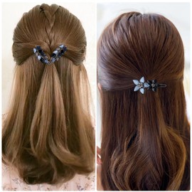 HINZIC 2Pcs 2inch Vintage Rhinestone Hair Barrettes, Gray Black Sparkly Crystal Clips, Small Flower Fancy Decorative Hair Pins Wedding Prom Jewelry Valentines Accessories for Women Girls Bride