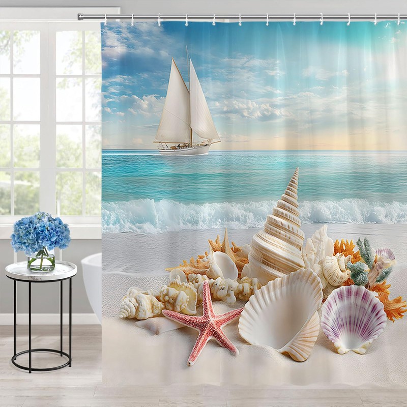 ZFMRZF Beach Shower Curtain, Coastal Ocean Scene with Seashells, Starfish,