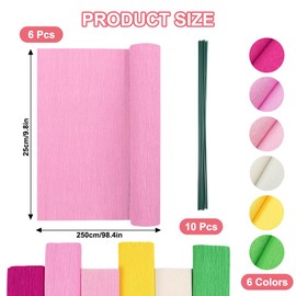 Crepe Paper, Set of 6, Colourful, 25 x 250 cm, Crepe Paper, Colourful with 10 Flower Wire, Crepe Rolls, Crepe Paper, Flowers, Crafts, Crepe Coloured Decoration, Colourful for Crafts, Decorating, Crepe