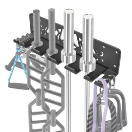 Kipika Versatile Wall Mounted Barbell Holder with 7-Hooks Storage Rack for 4 Barbell Bars Holds Under 33mm Bar Size and Fitness Accessories Space-Efficient Gym Organization for Home & Commercial Use