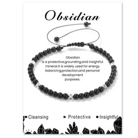 XSDSLS Crystal Beaded Bracelets for Women 4mm Natural Stone Bracelet Adjustable Gemstone Stone Bracelet Jewellery Gifts for Women Girls (Obsidian)