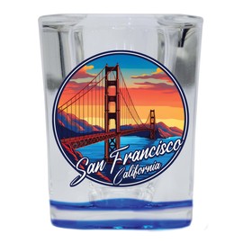 R and R Imports San Francisco California A Souvenir 2.5 Ounce Shot Glass Square Blue Base Single