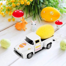 Lemicin Easter Mini Metal Truck with Yellow Eggs, Vintage Metal Diecast White Metal Pickup Tiered Tray Decor Easter Gifts Easter Basket Stuffers for Farmhouse Metal Truck Shelf Table Home Decor