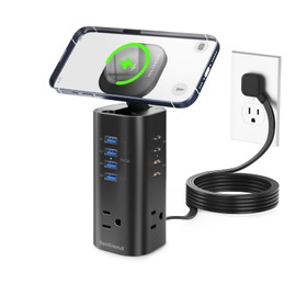 Flat Plug Surge Protector Tower, TenTrend Power Strip Tower with Surge Protection, 3 AC Outlets & 8 USB Ports, 5FT Extension Cord, 115W Total Fast Charging Station for Multiple Devices