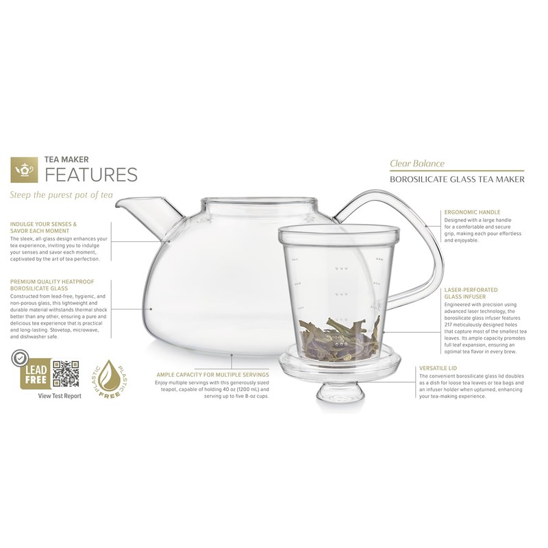 Teabloom Innovative Filtered Borosilicate Glass Teapot With Microdot Loose Tea