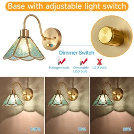 DENGMALL Vintage Brass Wall Sconce with Dimmable Switch, Bedside Industrial Gooseneck Wall Sconce with Plug in Cord, Sea Blue Stained Glass Shade Wall Light Perfect for Bedroom, Living Room