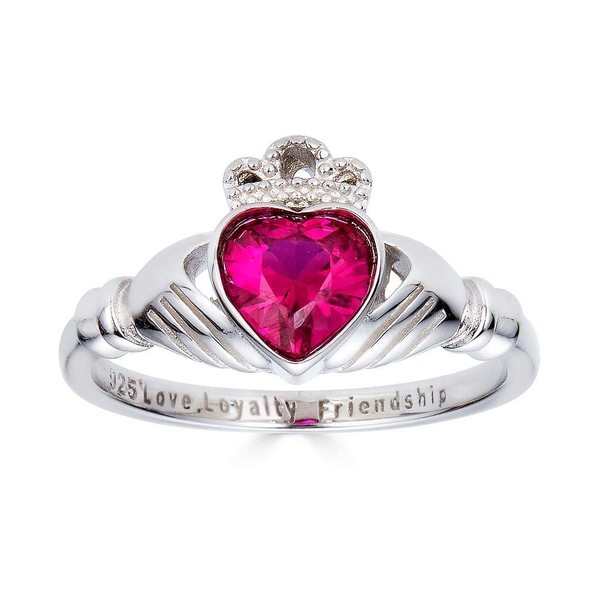925 Sterling Silver Love Loyalty Friendship Engraved Claddagh CZ Ruby