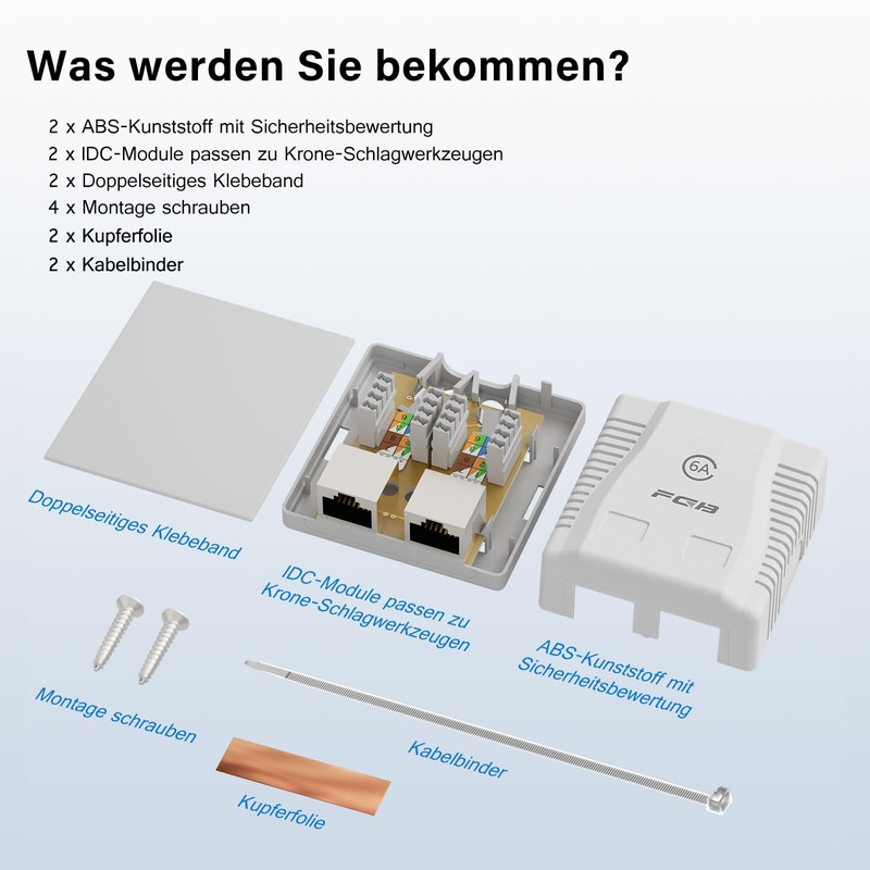 FGB 2x Cat6A Surface-Mounted Network Socket, 2 Port RJ45 Socket,