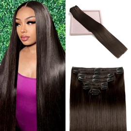 POGINJA Clip in Hair Extensions Real Human Hair, Remy Human Hair Extensions Clip ins for Women, 100% Natural Human Hair, Double Weftm, 14inch 80g 8Pcs, #2 Dark Brown